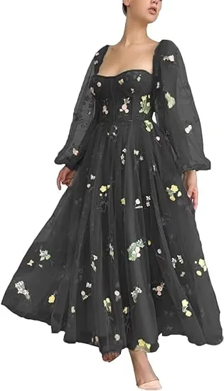 Long Sleeve Prom Dresses Flowers Embroidery Tulle Formal Evening Party Gowns