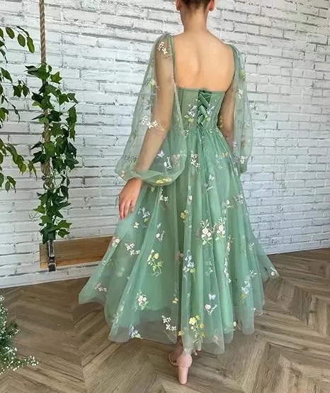 Long Sleeve Prom Dresses Flowers Embroidery Tulle Formal Evening Party Gowns