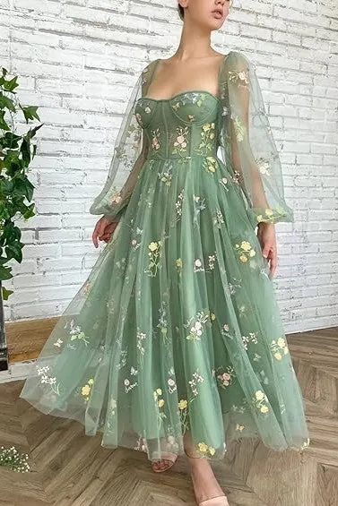 Long Sleeve Prom Dresses Flowers Embroidery Tulle Formal Evening Party Gowns