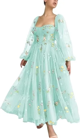 Long Sleeve Prom Dresses Flowers Embroidery Tulle Formal Evening Party Gowns