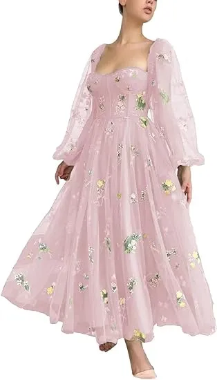 Long Sleeve Prom Dresses Flowers Embroidery Tulle Formal Evening Party Gowns