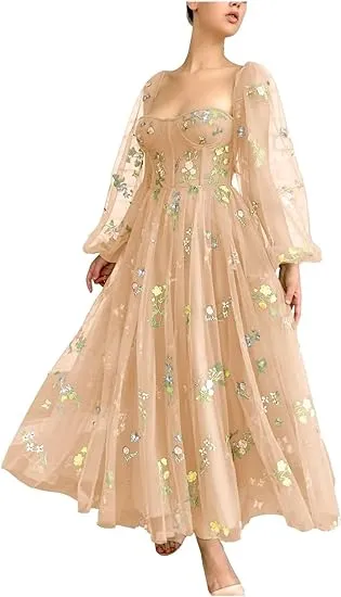 Long Sleeve Prom Dresses Flowers Embroidery Tulle Formal Evening Party Gowns