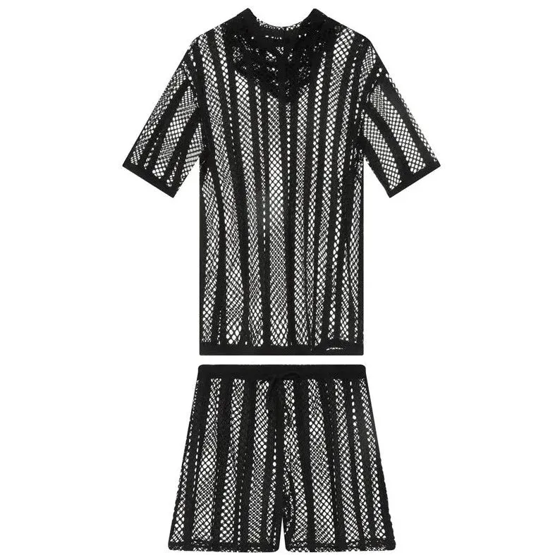 Men's Striped Hoodie Mesh Suit