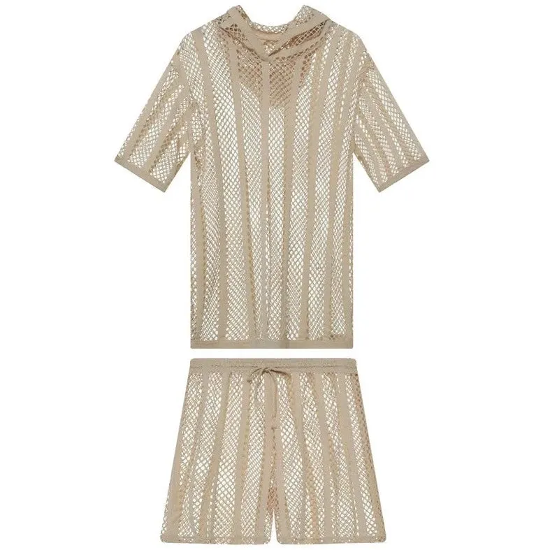 Men's Striped Hoodie Mesh Suit