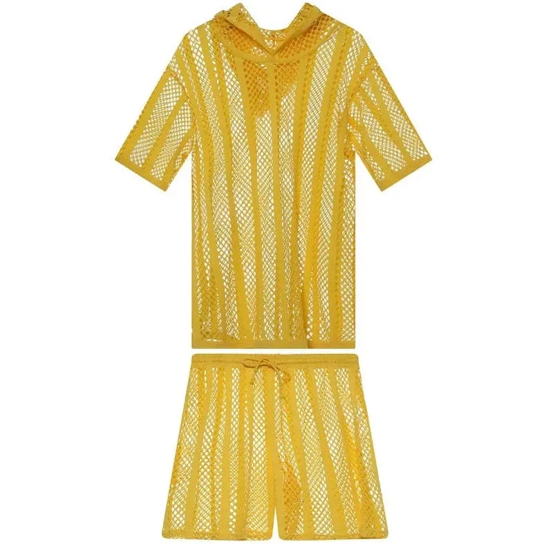 Men's Striped Hoodie Mesh Suit