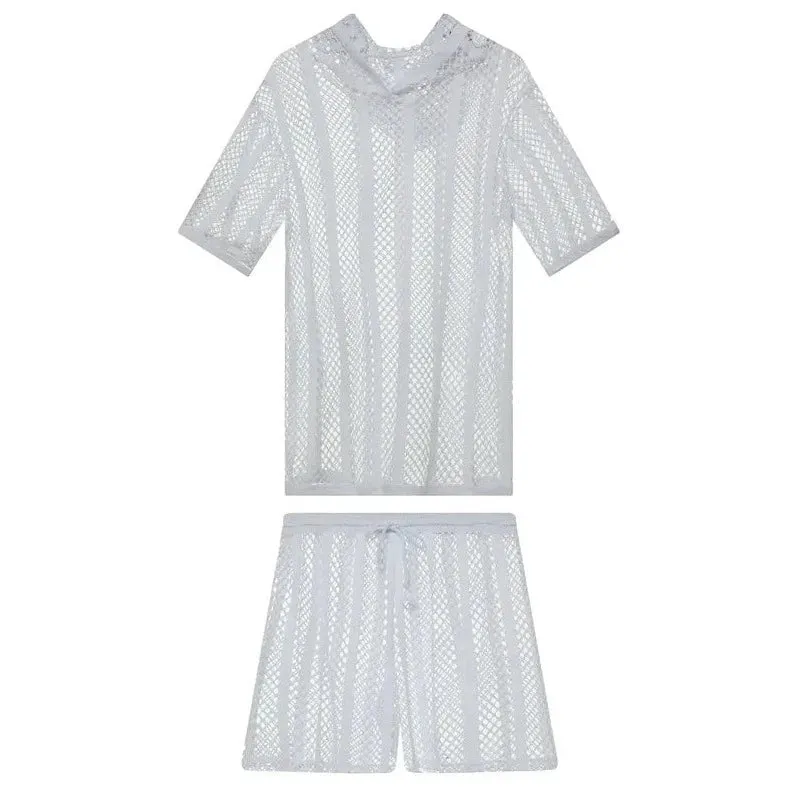 Men's Striped Hoodie Mesh Suit