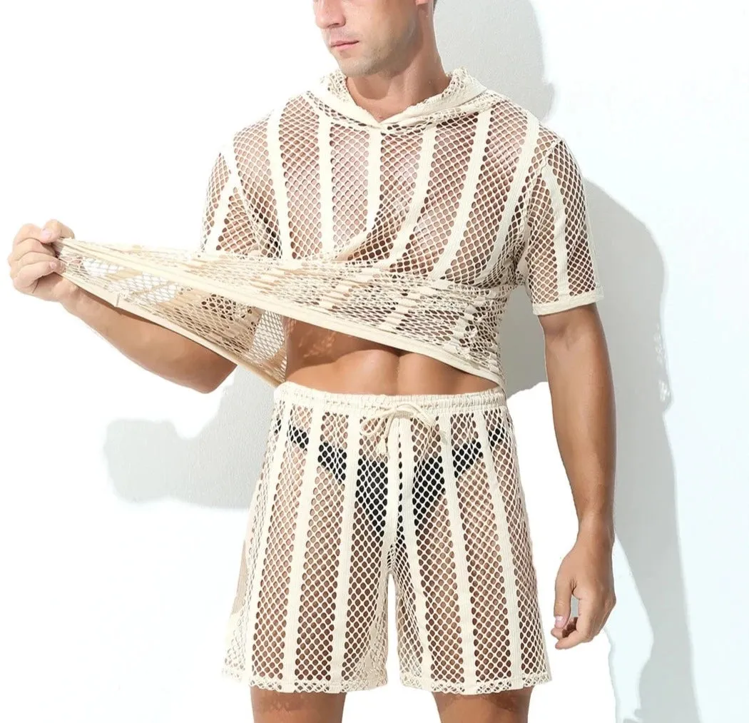 Men's Striped Hoodie Mesh Suit