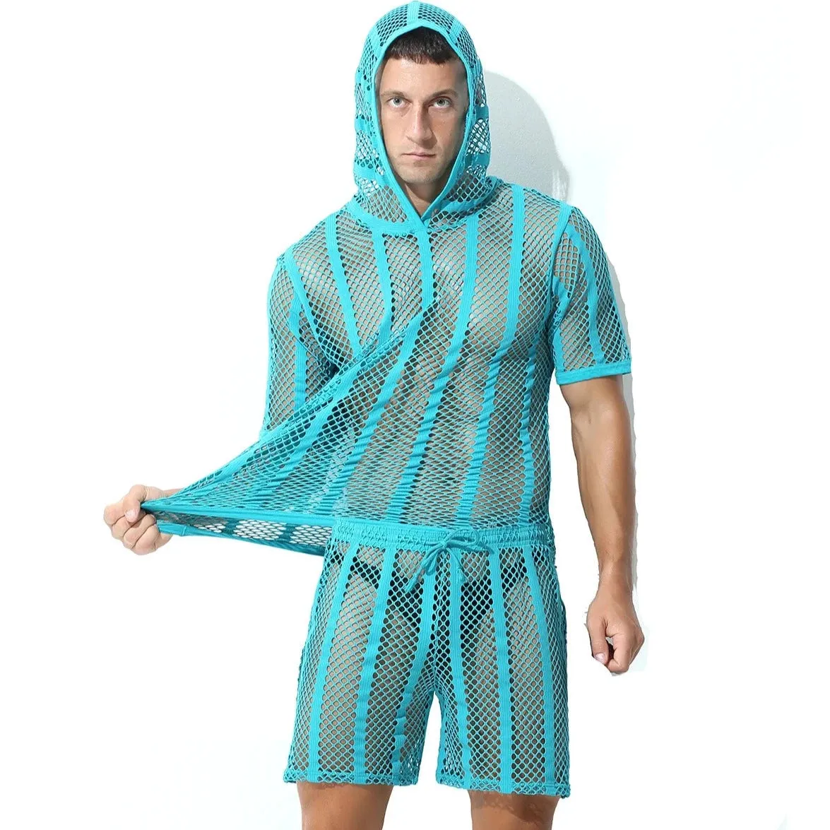Men's Striped Hoodie Mesh Suit