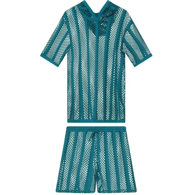 Men's Striped Hoodie Mesh Suit