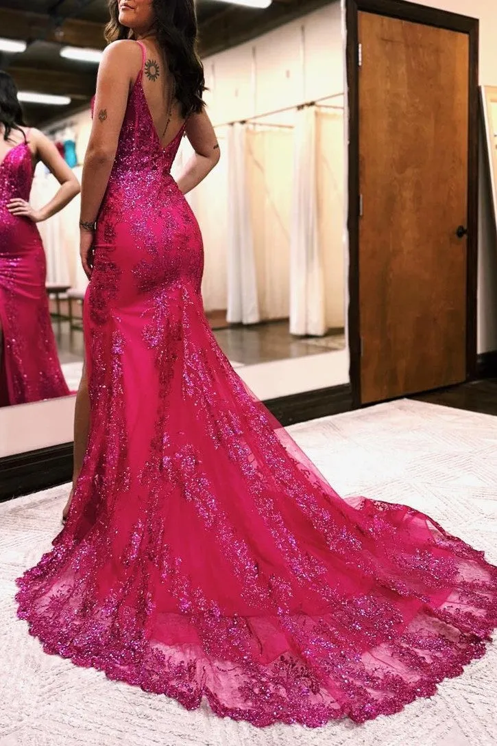 Mermaid V-neck Prom Dress with High Slit Lace Appliques Evening Part Gown