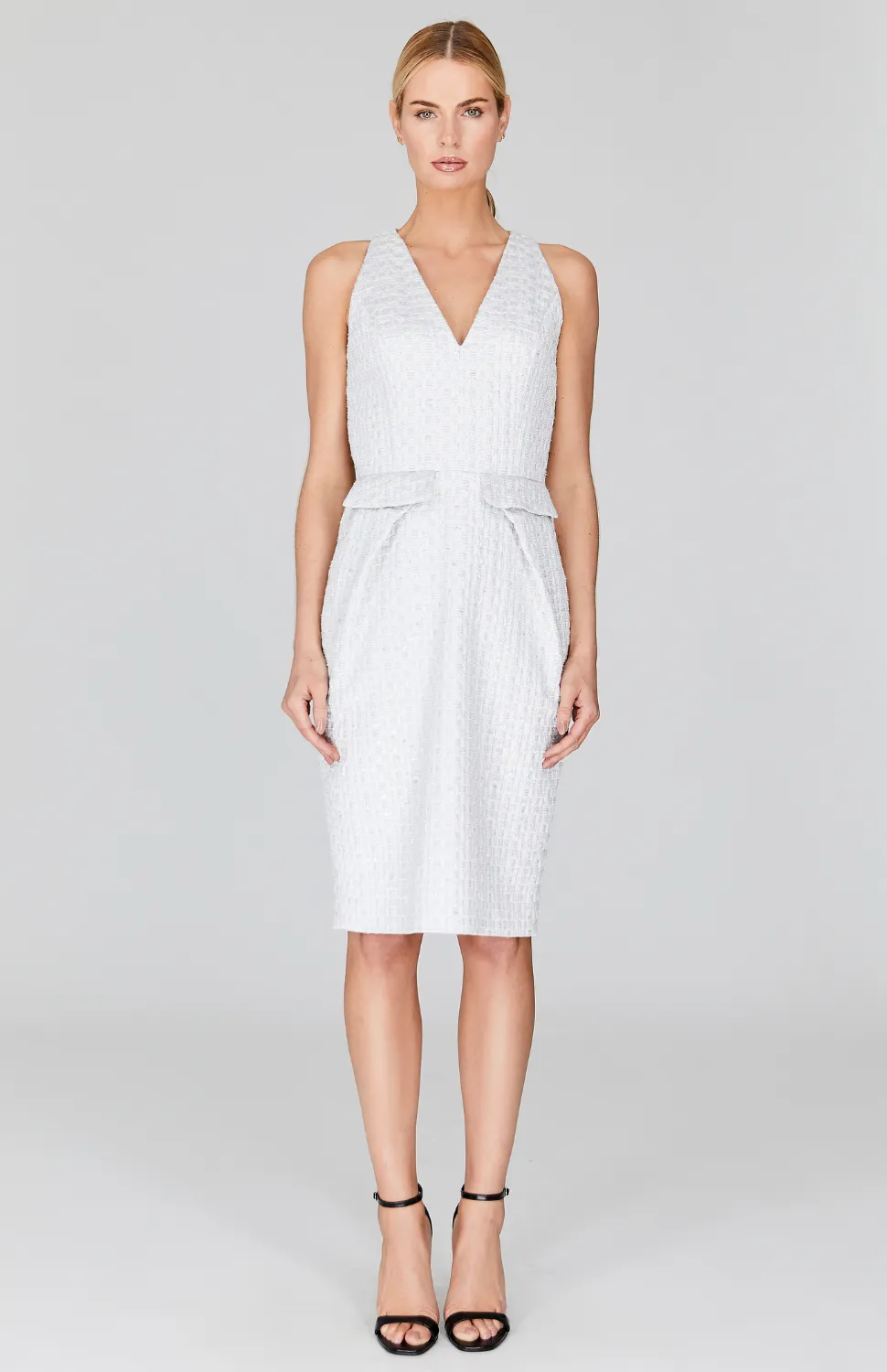 Metallic Tweed V Neck Fitted Dress