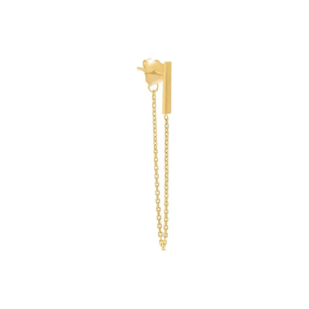 Mini Solid Bar Chain Drop Stud Earring 14K