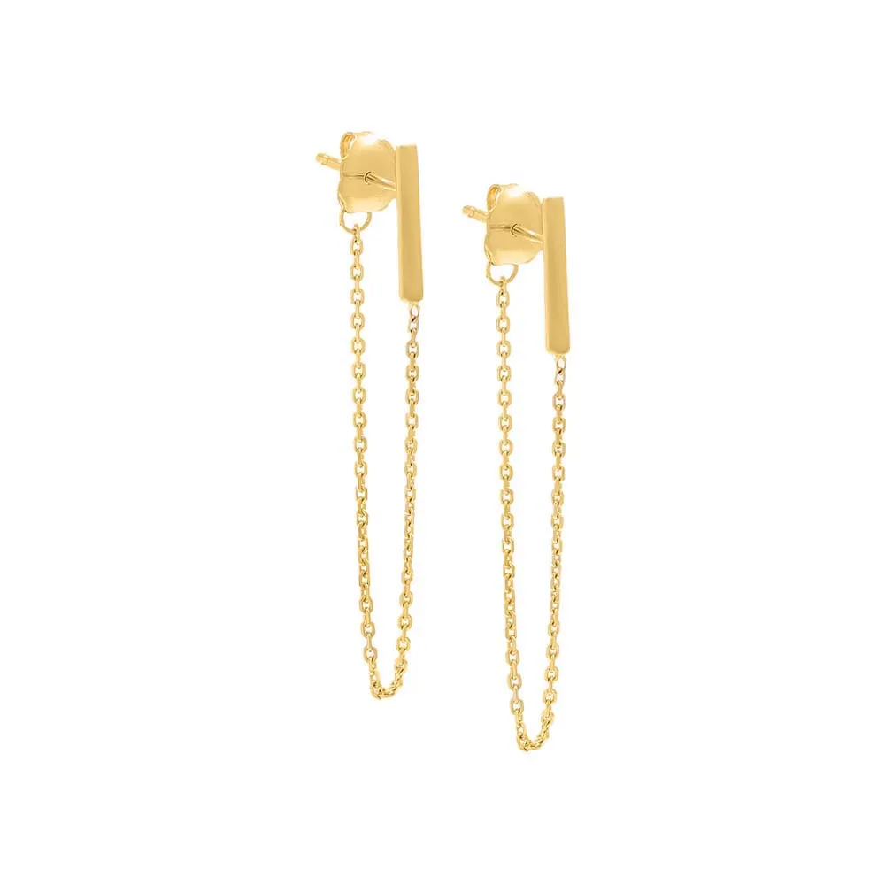 Mini Solid Bar Chain Drop Stud Earring 14K