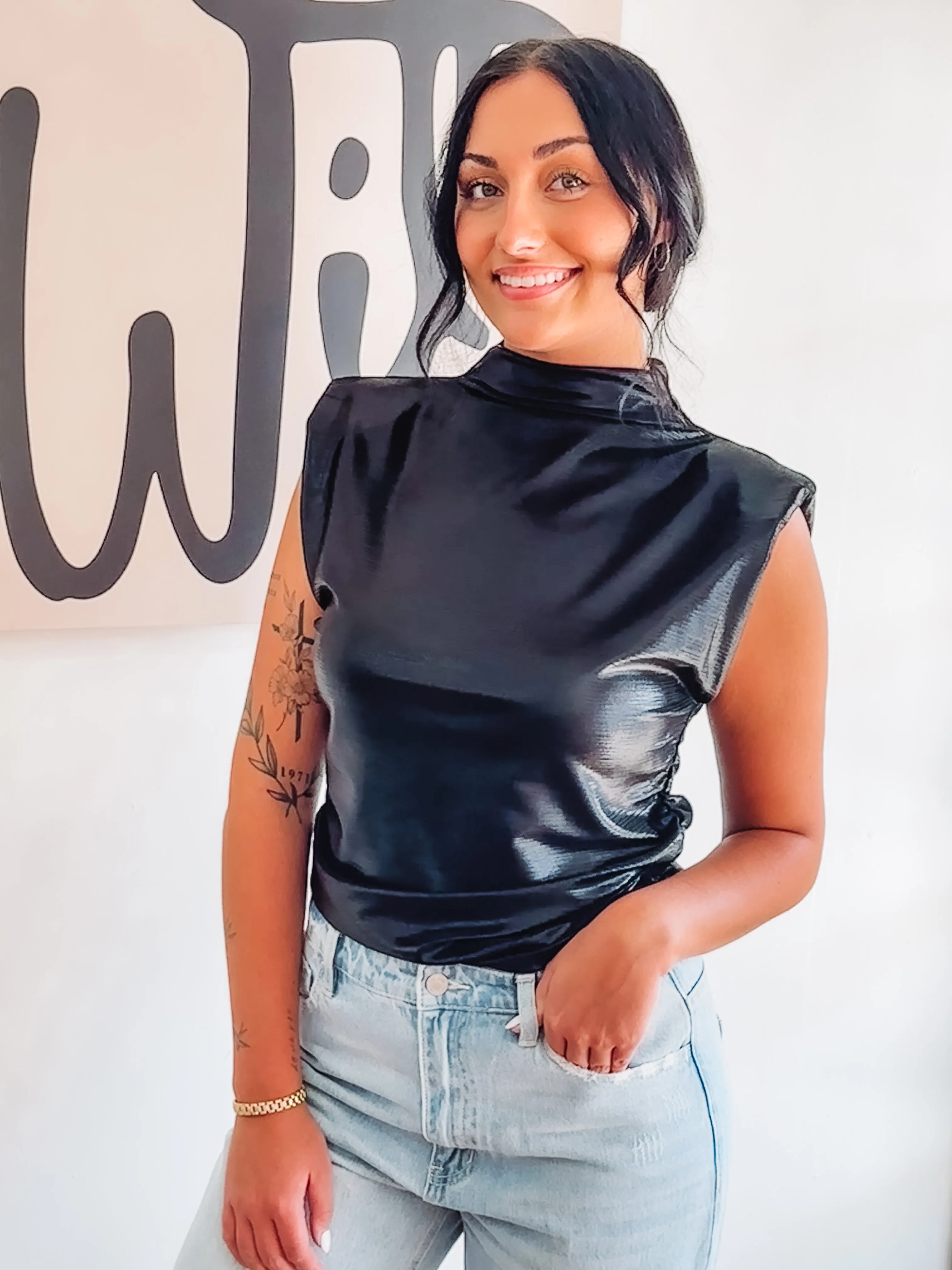 Mock Neck Ruched Sleeveless Top