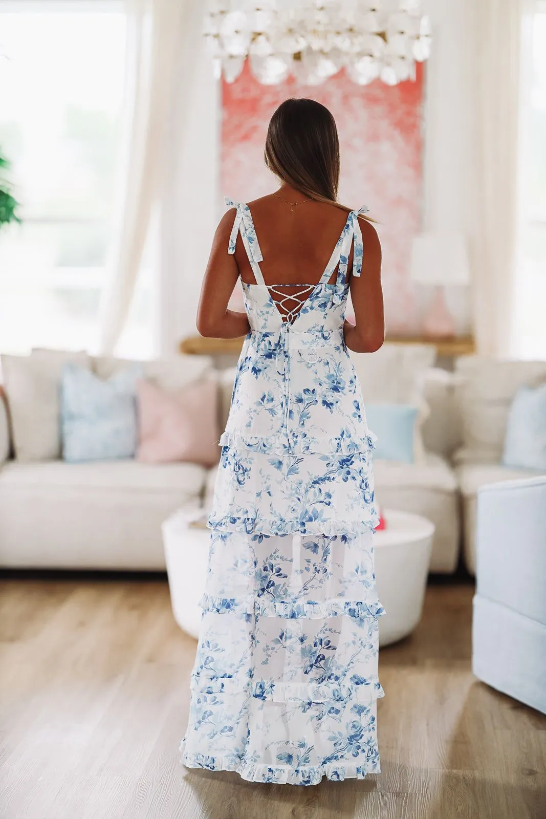 Must Be Love Floral Maxi Dress - Blue and White