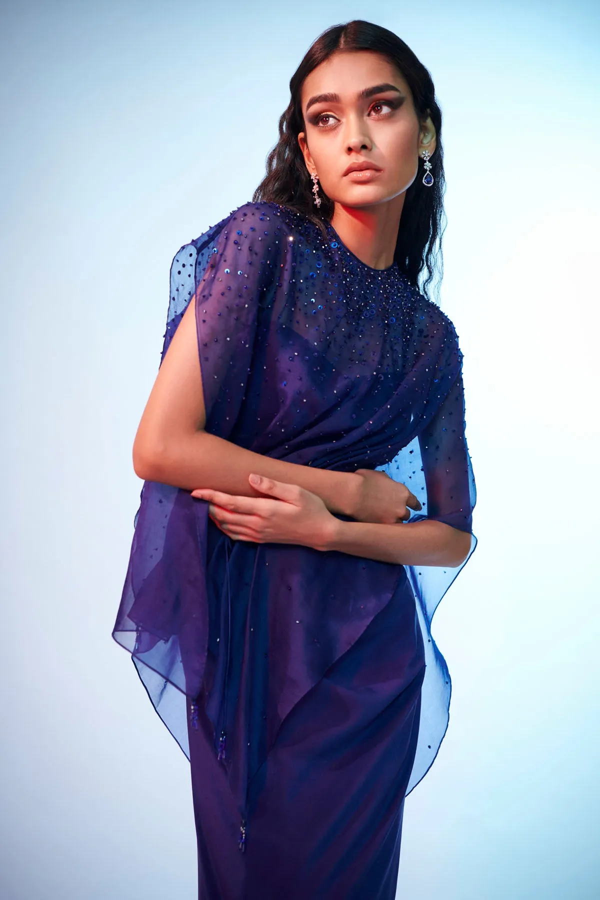 Navy Blue Embroidered Cape Set