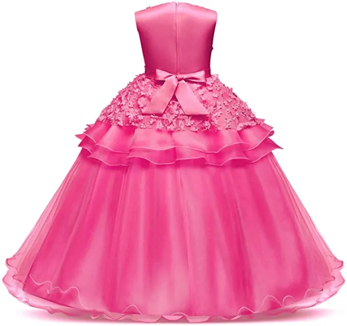 New AmzBarley Wedding Pageant Girls Dress Party Special Occasion Long Tulle Bow, Rose! Sz 5/6