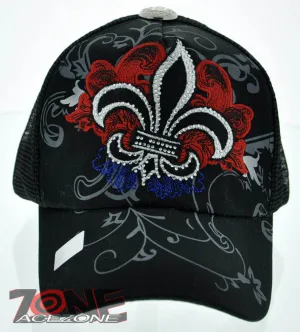 NEW! MESH HOWD FLEUR DE LIS STONE BALL CAP HAT BLACK