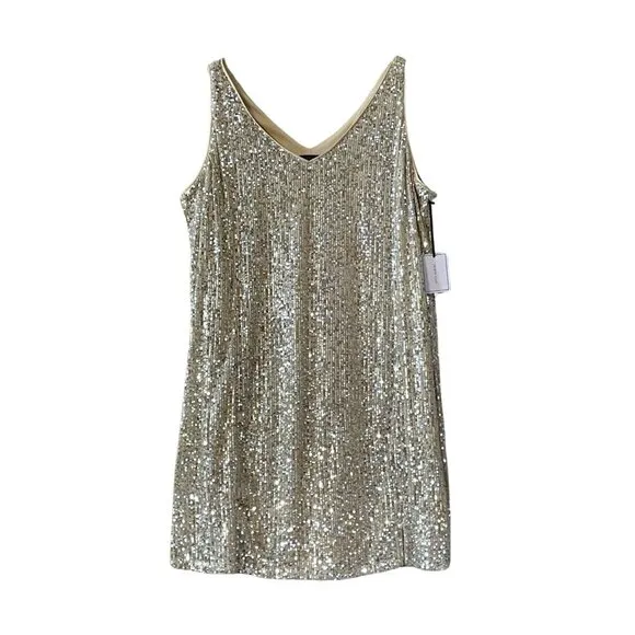 NWT 1. State Sequined Sleeveless V Neck Shift Mini Dress in Champagne