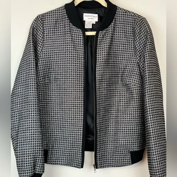 NWT CHARLES GRAY LONDON Black Gray Metallic Front Zip Bomber Jacket L