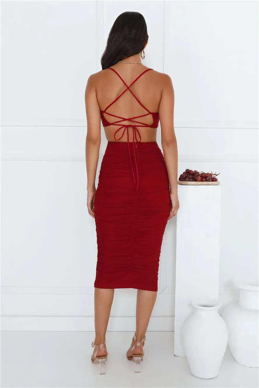 One More Party Mesh Midi Dress Wine