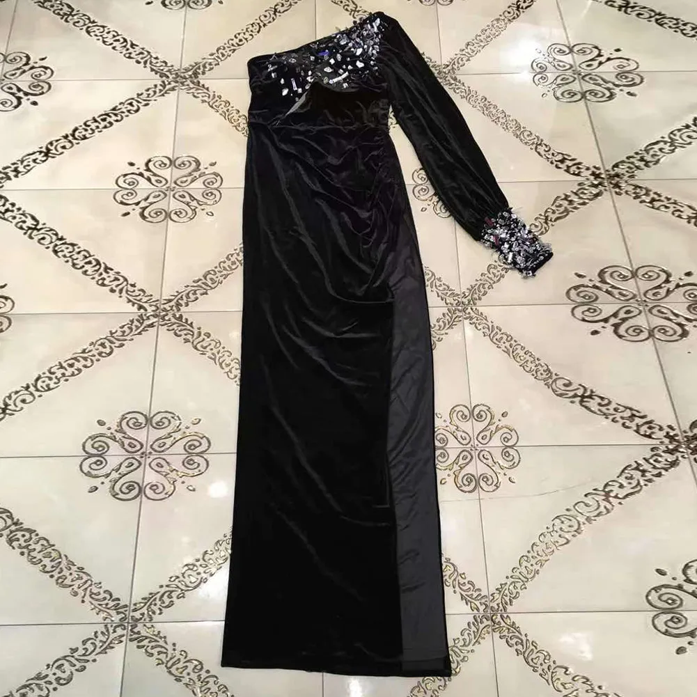 One Shoulder Long Sleeve Asymmetrical Maxi Bodycon Dress
