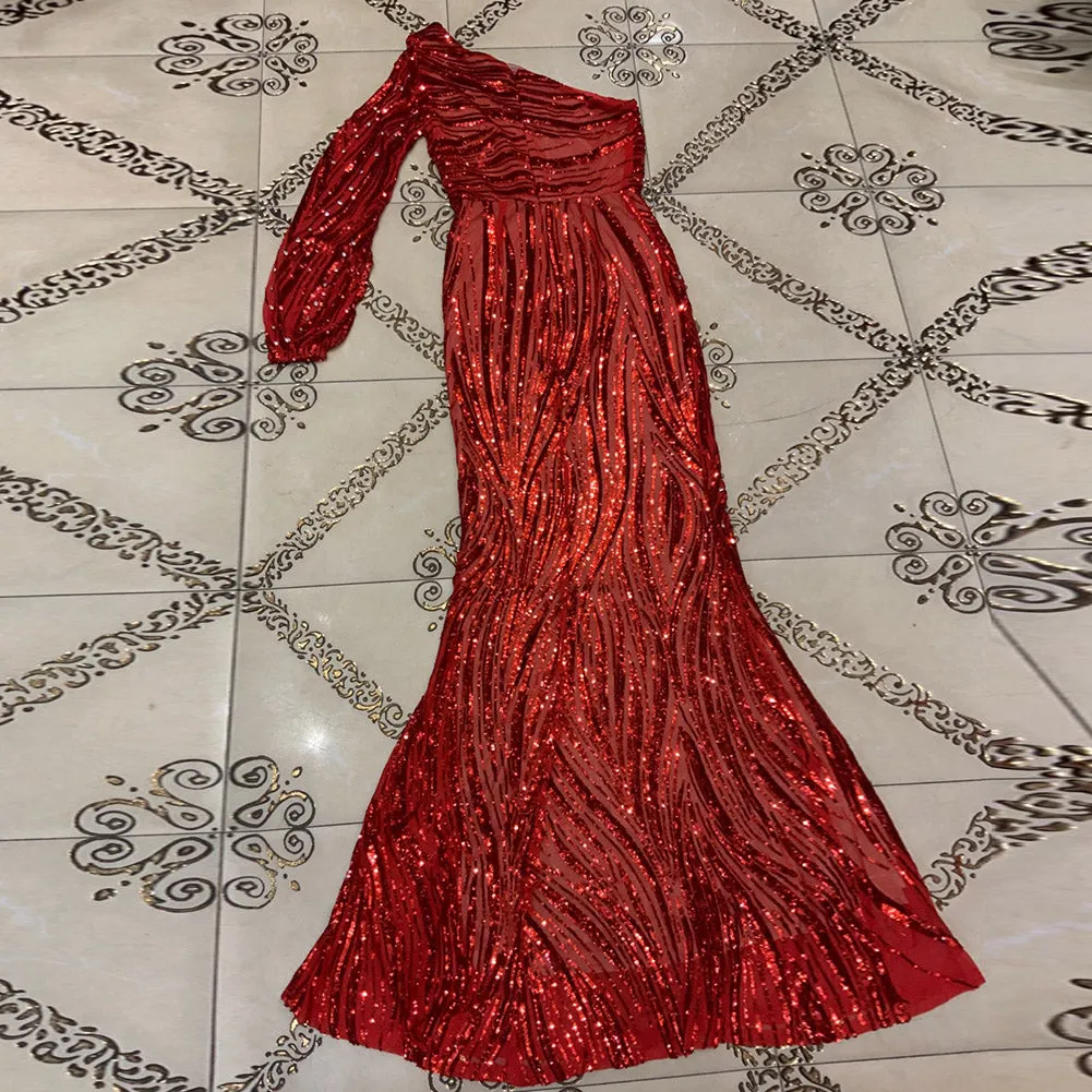 One Shoulder Long Sleeve Asymmetrical Maxi Bodycon Dress