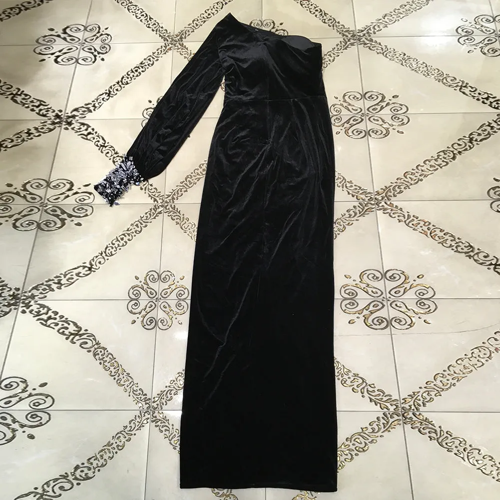 One Shoulder Long Sleeve Asymmetrical Maxi Bodycon Dress