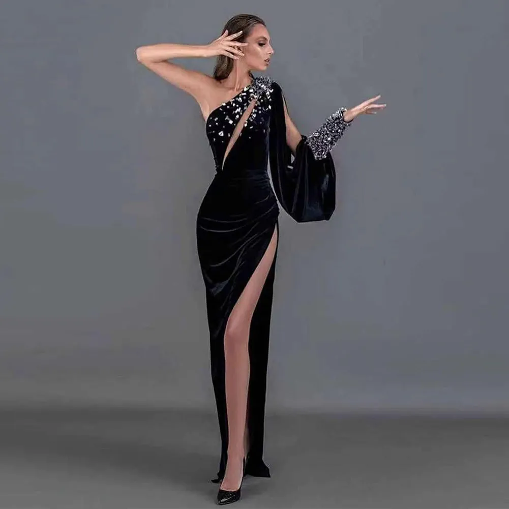 One Shoulder Long Sleeve Asymmetrical Maxi Bodycon Dress