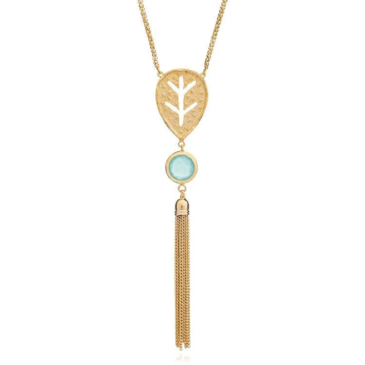'Ophelia' Tassel Necklace in Aqua Chalcedony Gold