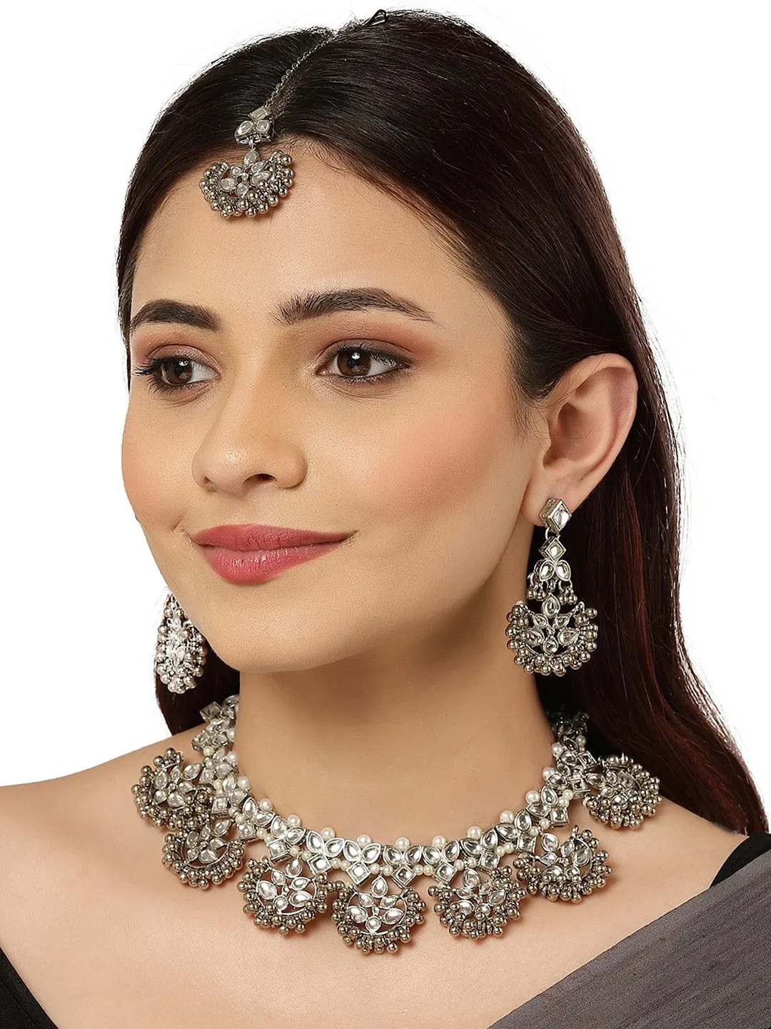 Oxidised Silver-Plated & Kundan Stone-Studded Jewellery Set