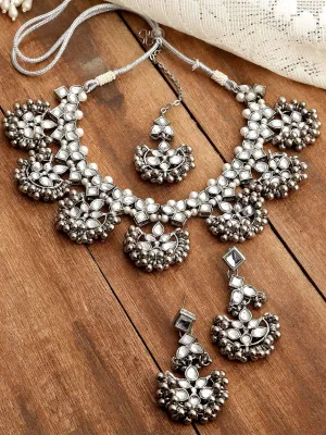 Oxidised Silver-Plated & Kundan Stone-Studded Jewellery Set