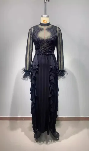 Panagas Long Sleeve Mesh Ruffle Dress