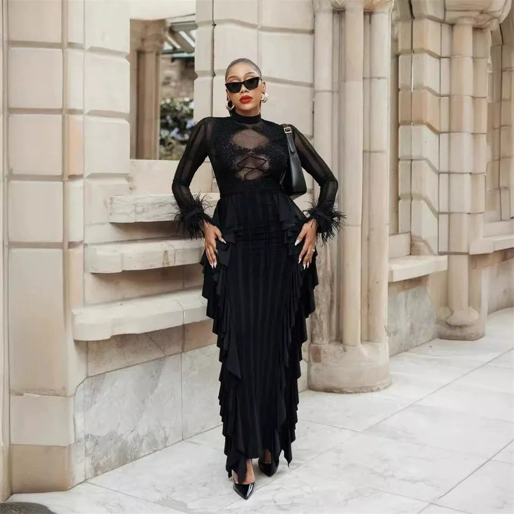 Panagas Long Sleeve Mesh Ruffle Dress