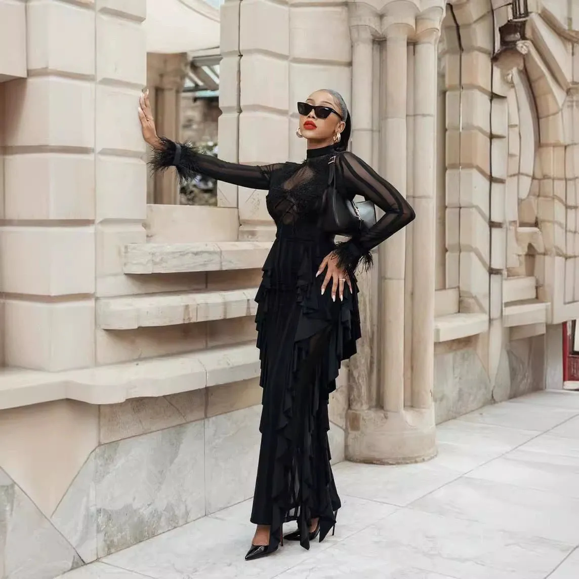 Panagas Long Sleeve Mesh Ruffle Dress