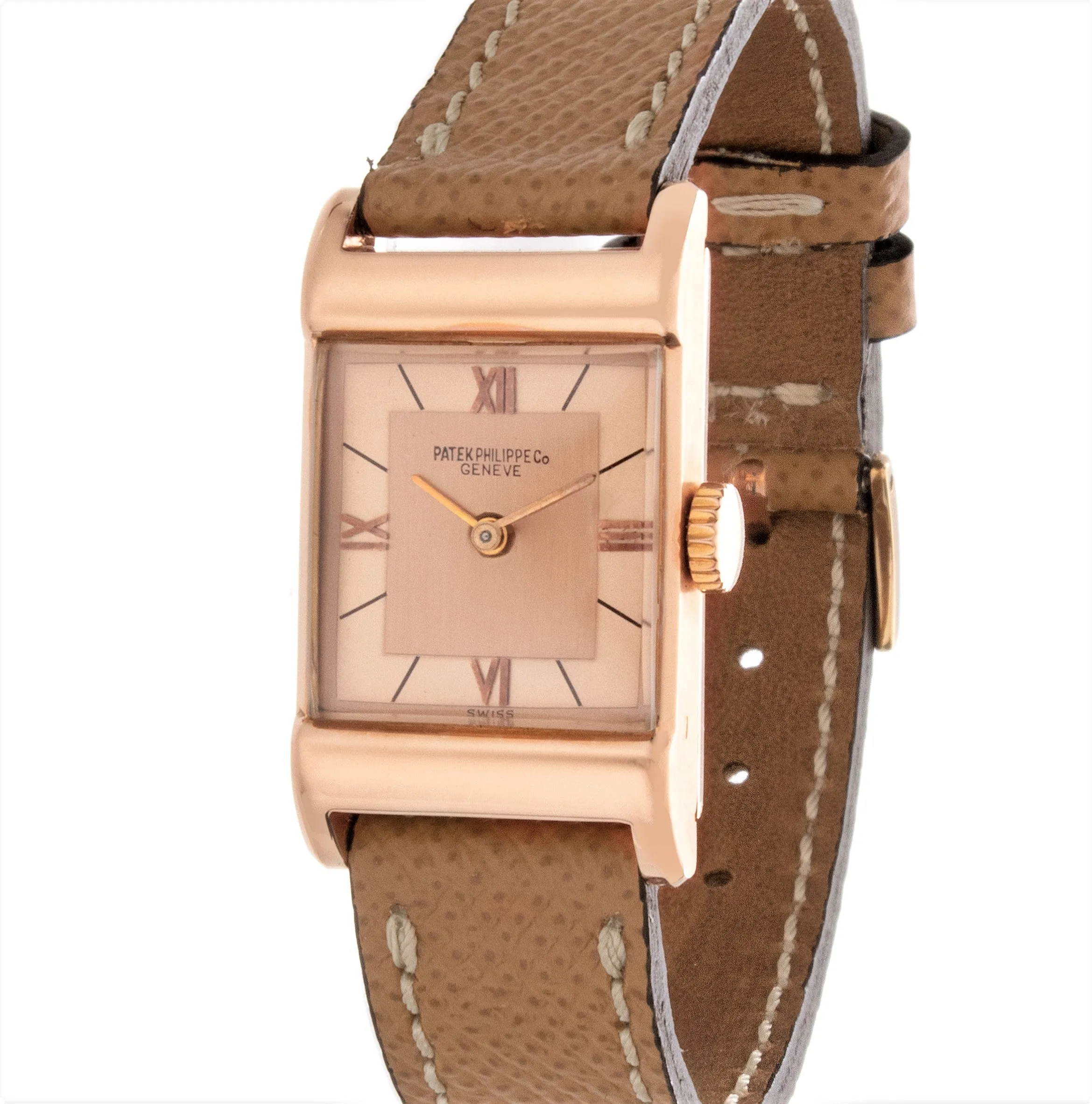 Patek Philippe 583R Vintage Rectangular Rose Gold Watch with 2-tone Pink dial,  Circa 1943