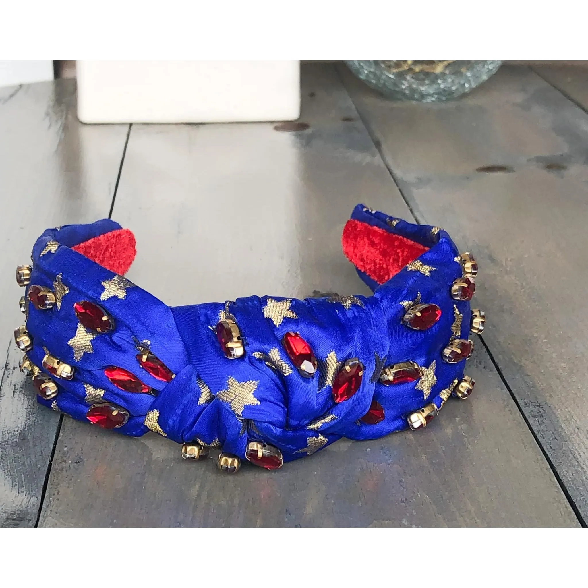 Patriotic Blue and Gold Star Jeweled Top Knot Headband 4th of July S