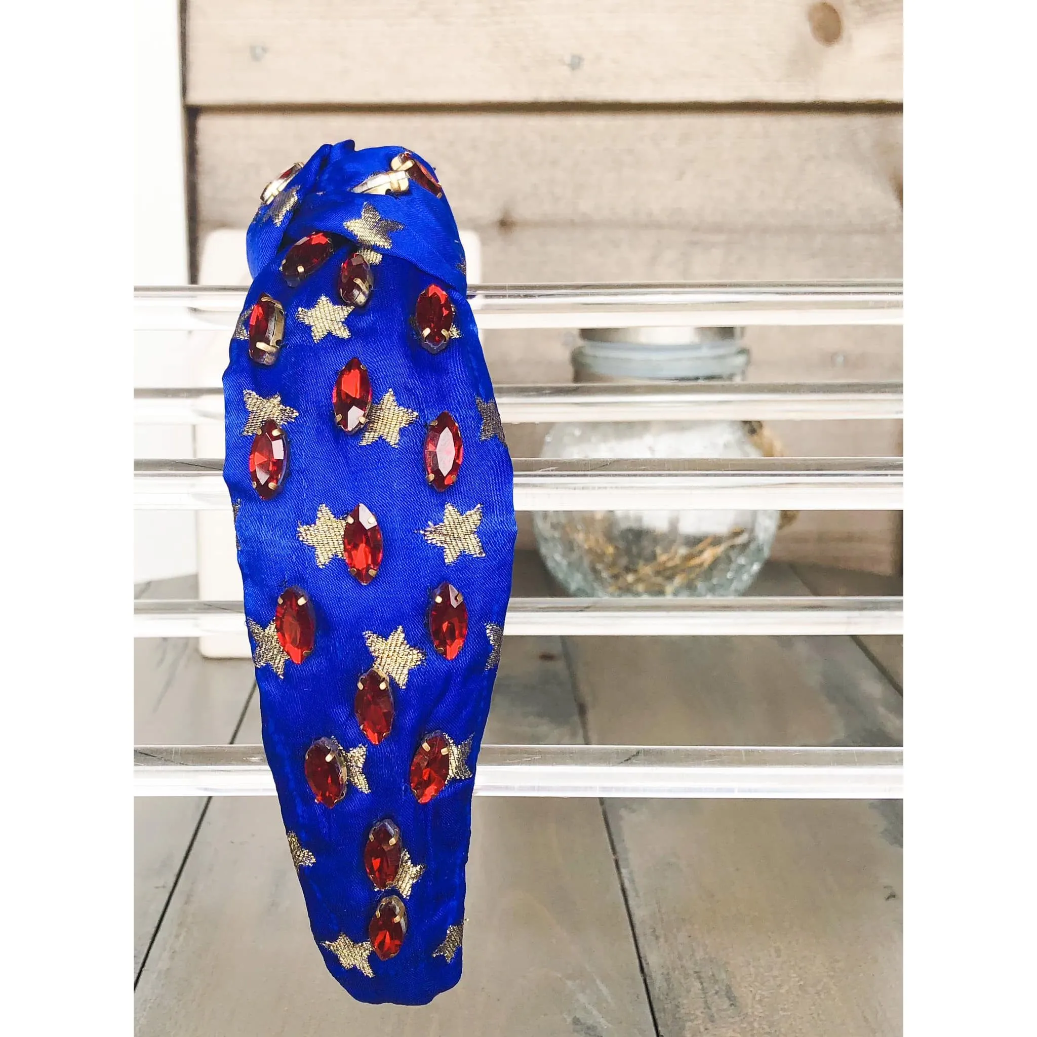 Patriotic Blue and Gold Star Jeweled Top Knot Headband 4th of July S