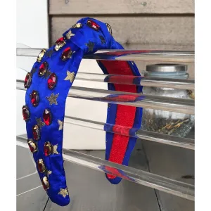 Patriotic Blue and Gold Star Jeweled Top Knot Headband 4th of July S