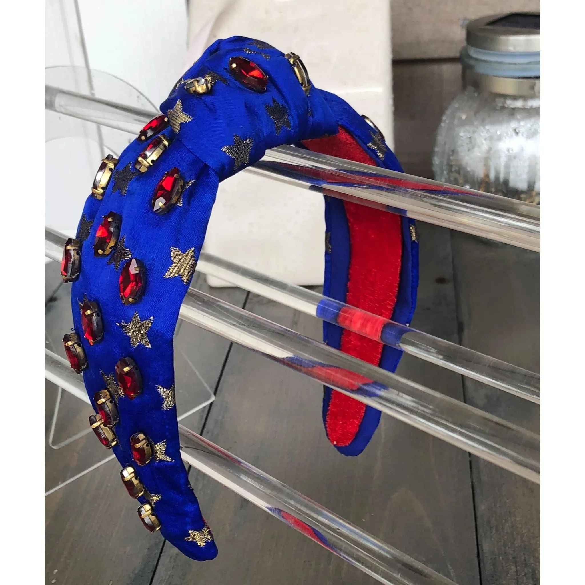 Patriotic Blue and Gold Star Jeweled Top Knot Headband 4th of July S