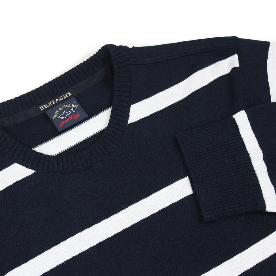 Paul & Shark - Crew Neck Striped Cotton Jumper in Navy & White