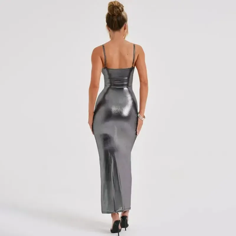 Pavlina Spaghetti Strap Metallic Bodycon Maxi Dress