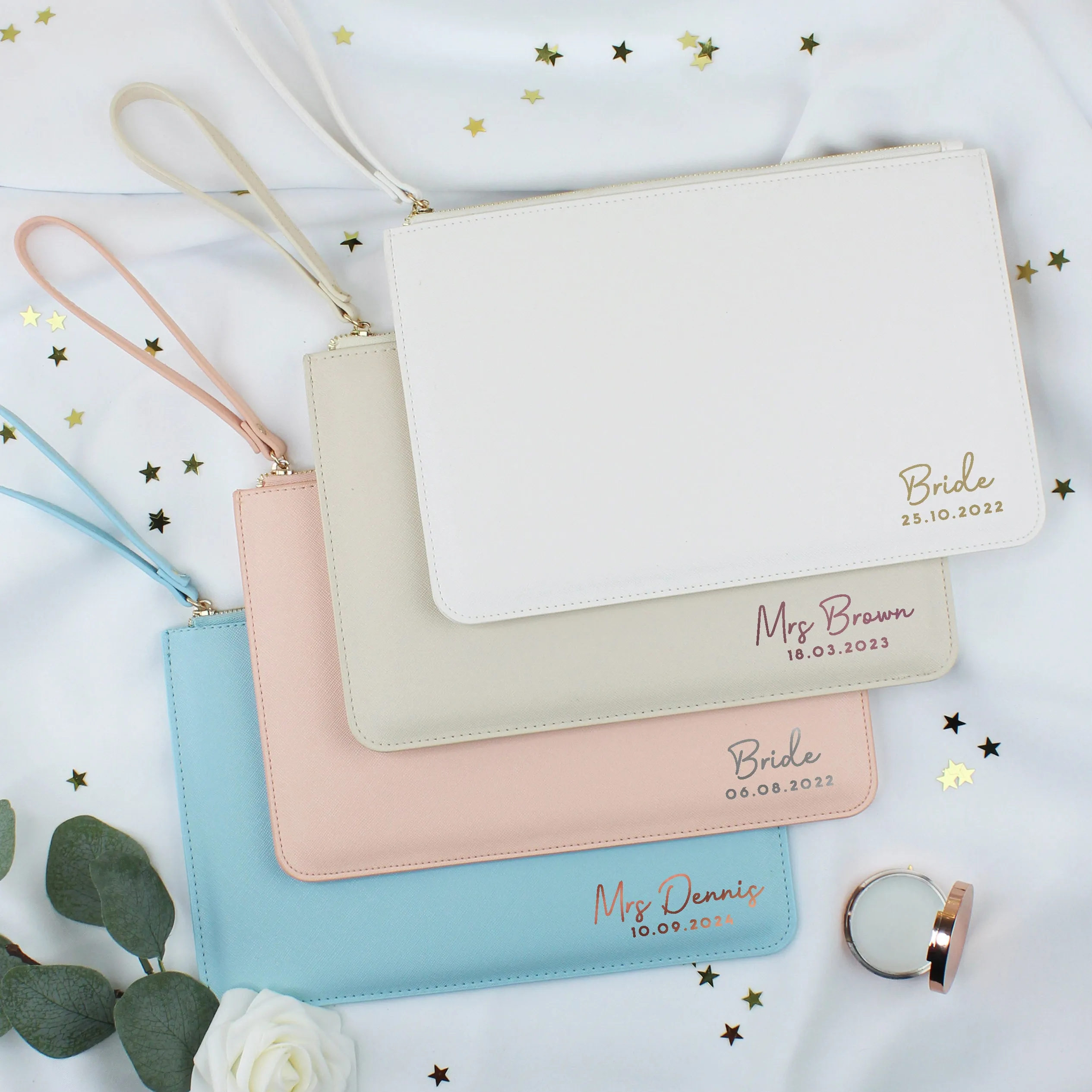 Personalised PU Leather Clutch Bag with Wristlet - Married Name & Date