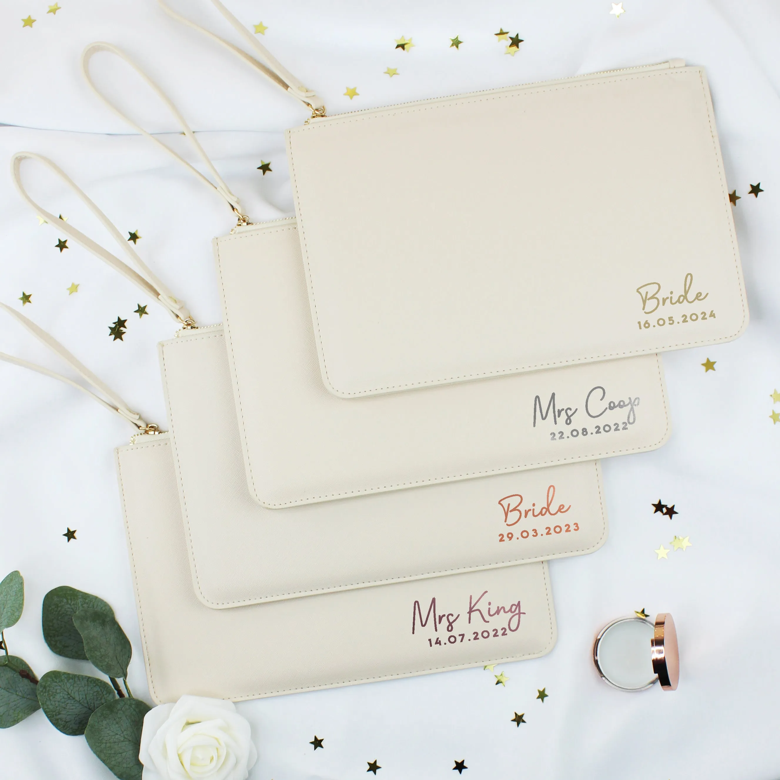 Personalised PU Leather Clutch Bag with Wristlet - Married Name & Date