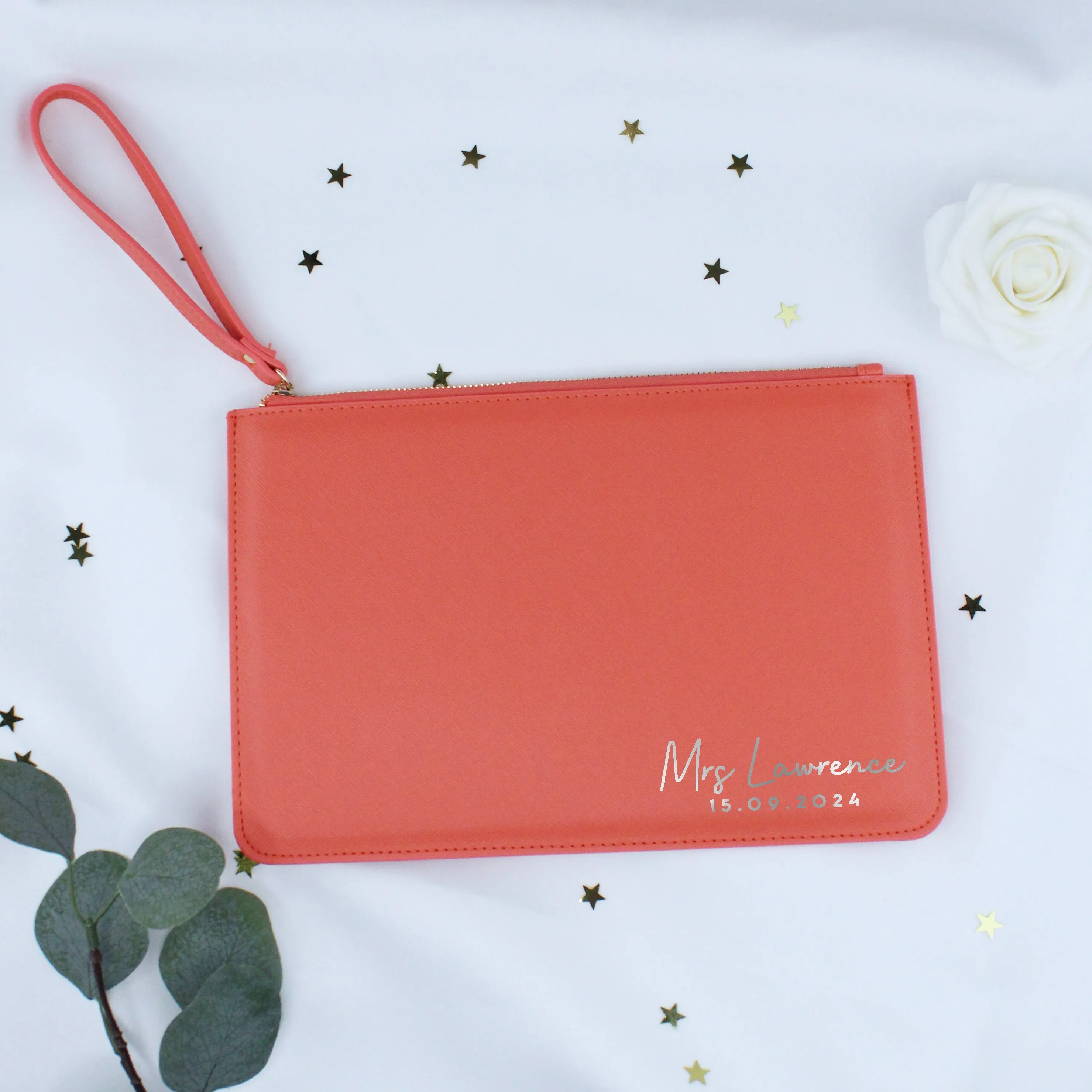 Personalised PU Leather Clutch Bag with Wristlet - Married Name & Date