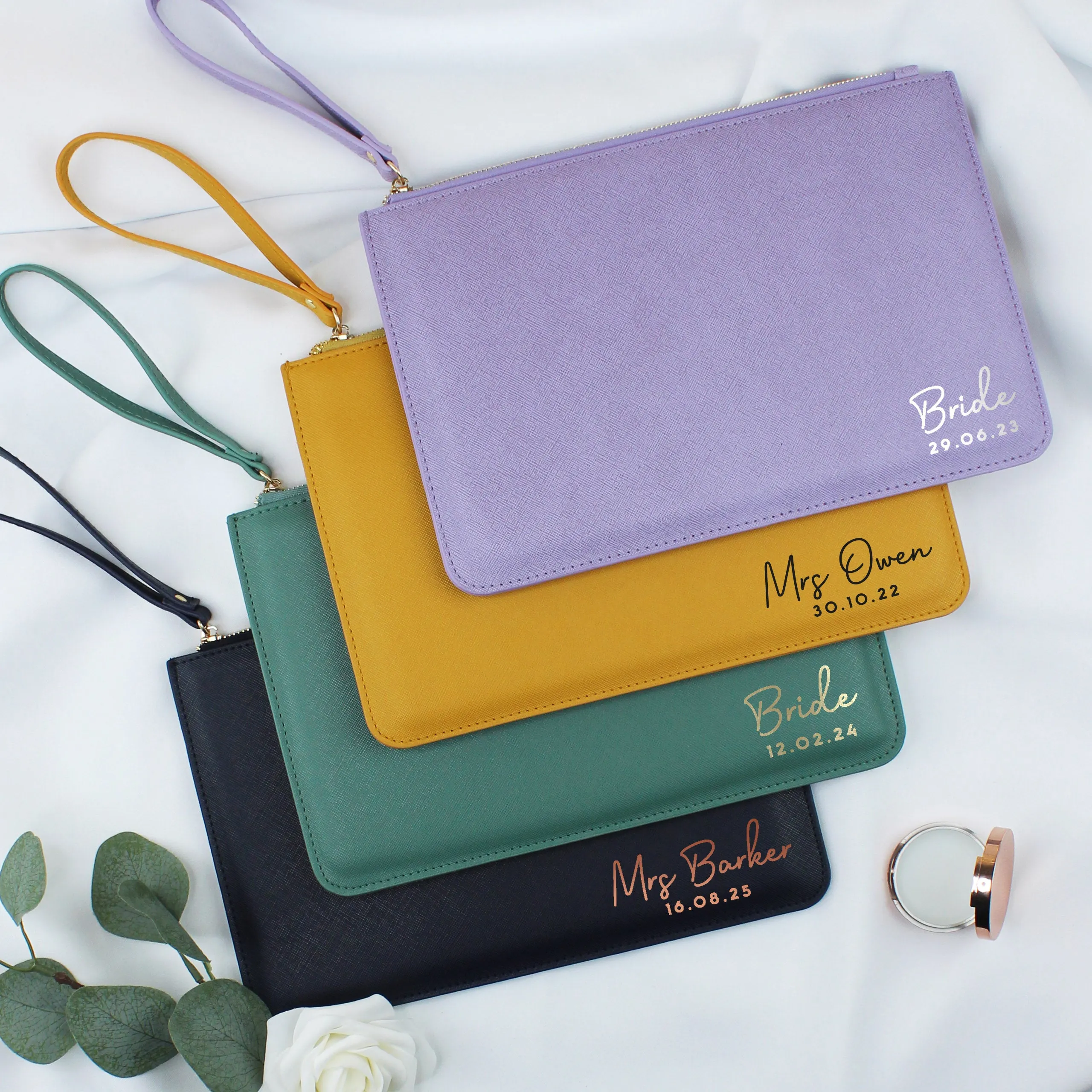 Personalised PU Leather Clutch Bag with Wristlet - Married Name & Date