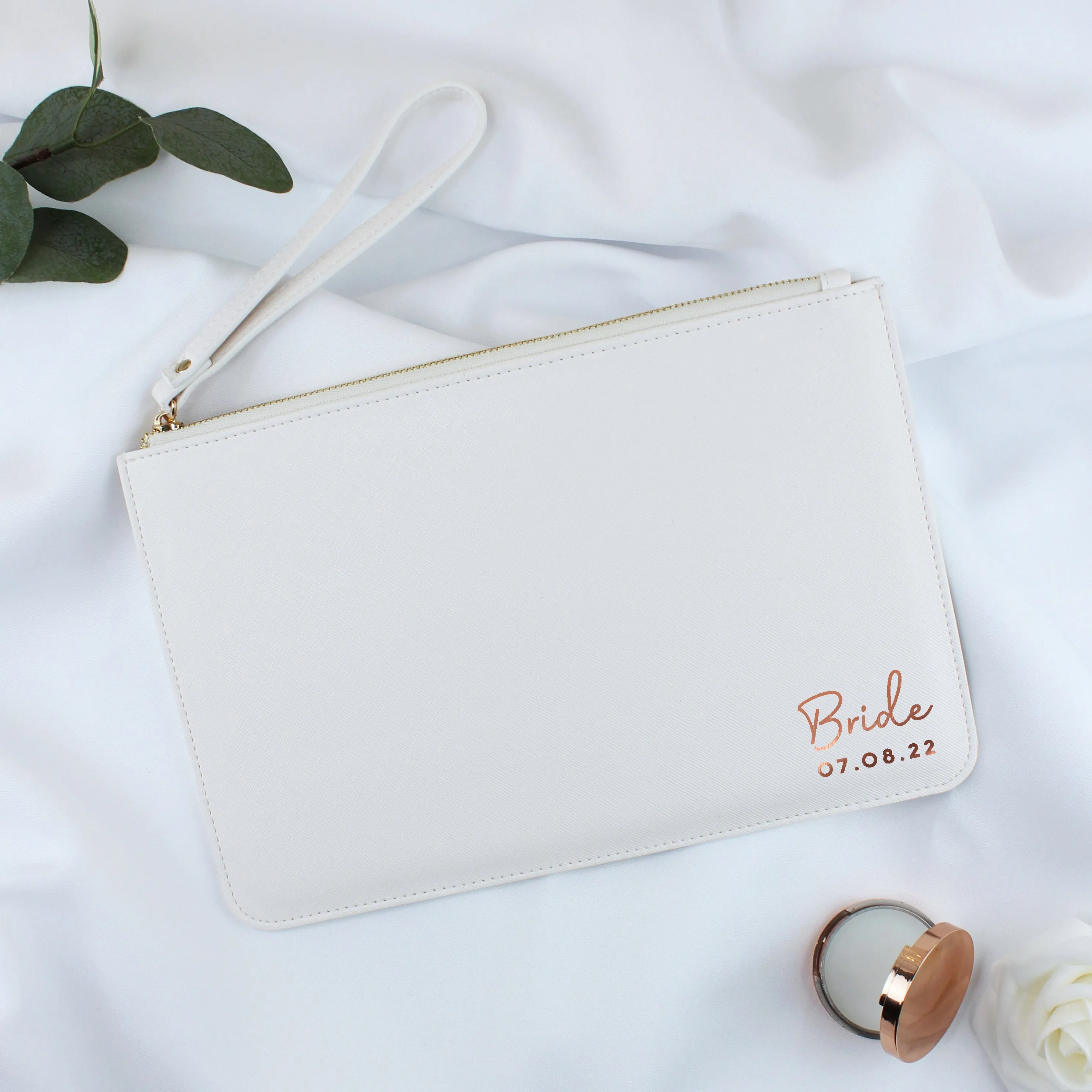 Personalised PU Leather Clutch Bag with Wristlet - Married Name & Date