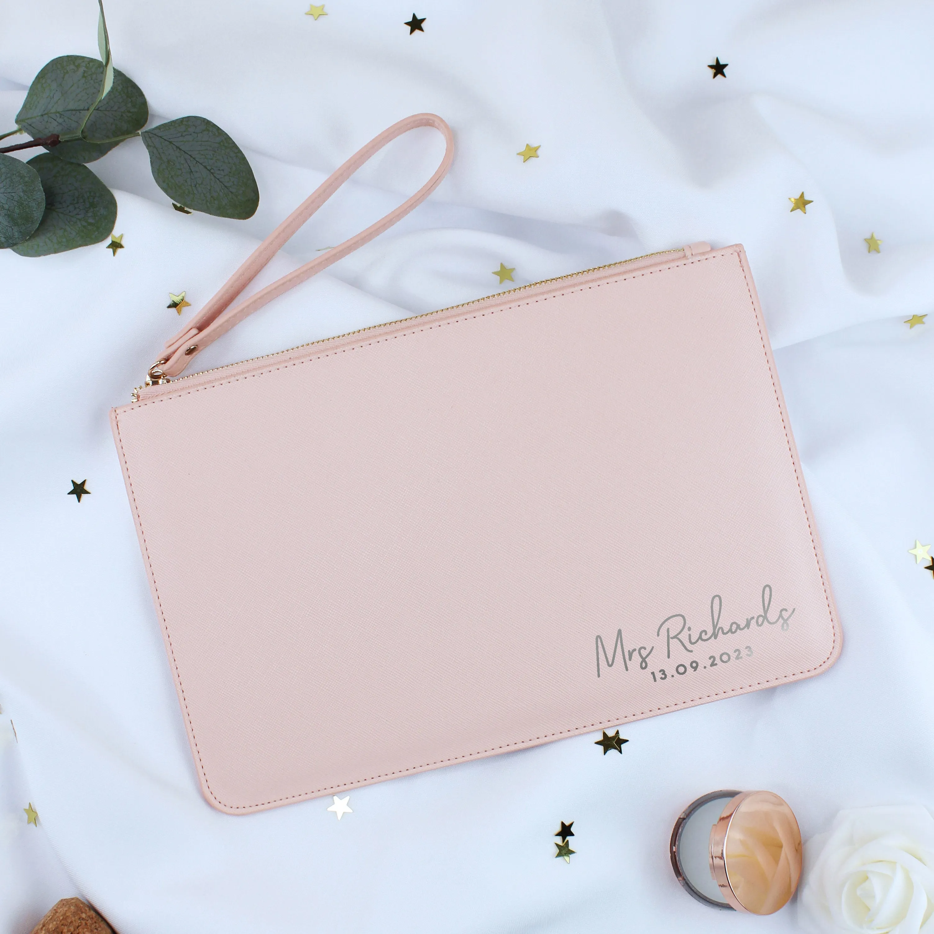 Personalised PU Leather Clutch Bag with Wristlet - Married Name & Date