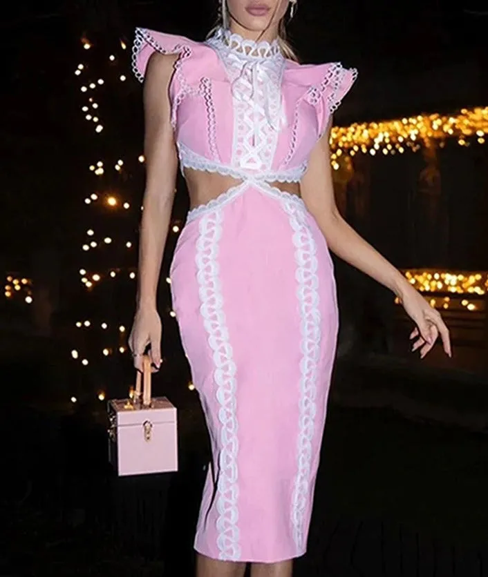 Pink Dress Women Sexy Hollow Out Lace Ruffle Bodycon Midi