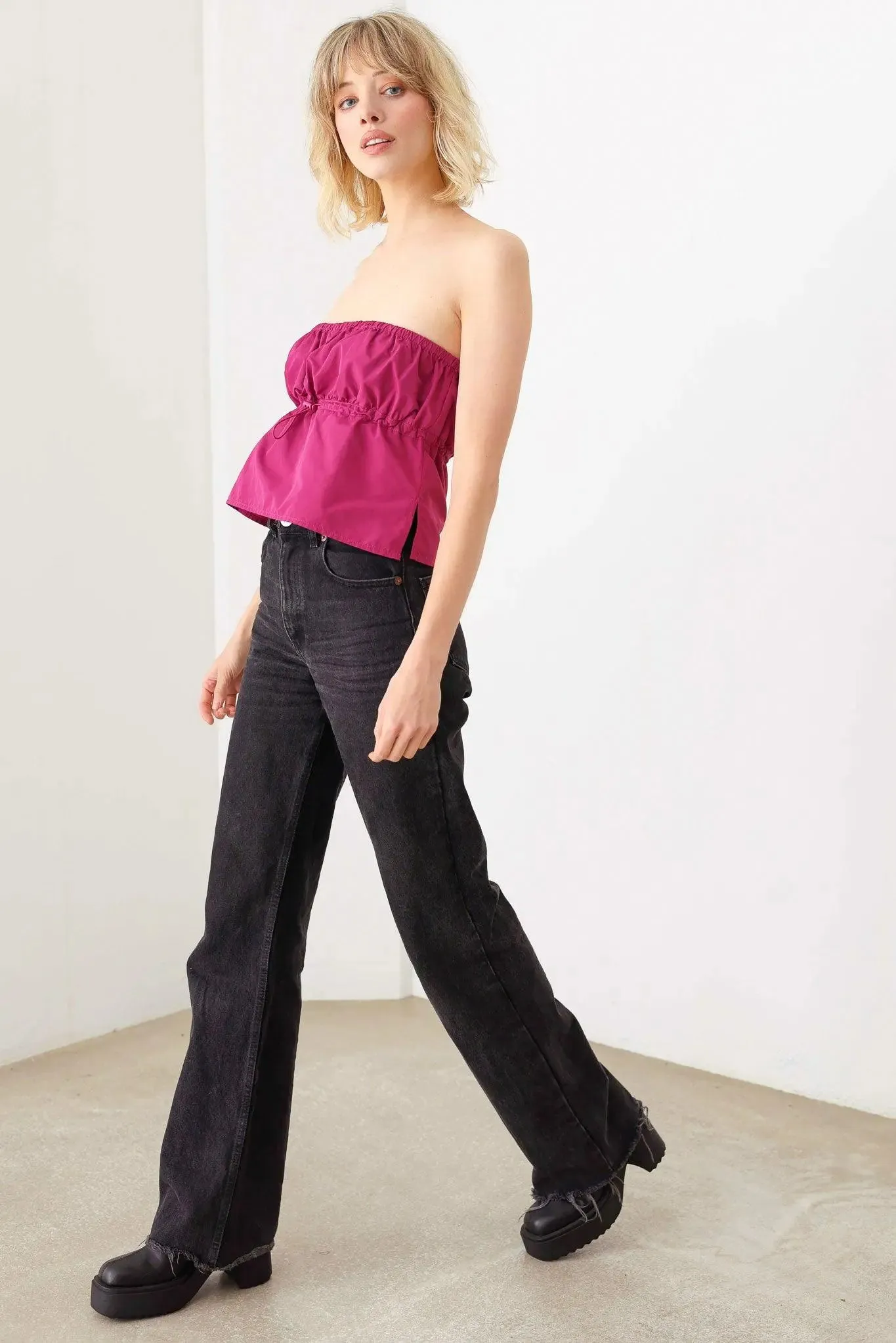 Plain Sexy Straight Neckline Side Slit Front Toggle Drawstring Strapless Crop Top